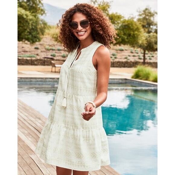 TOMMY BAHAMA WHITE W METALLIC THREADING SPLIT NECK DRESS WITH WHITE TASSLES SZ S - Picture 1 of 8